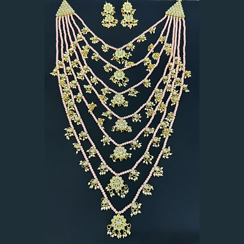 SNERA Gold Plated Kundan Stone And Pearls Multi Layer Long Necklace Set