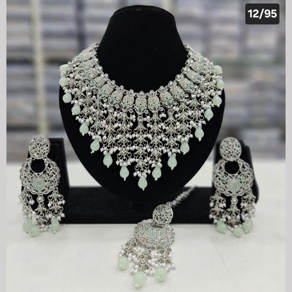 SNERA Silver Plated Crystal Stone And Pearls Choker Necklace Set