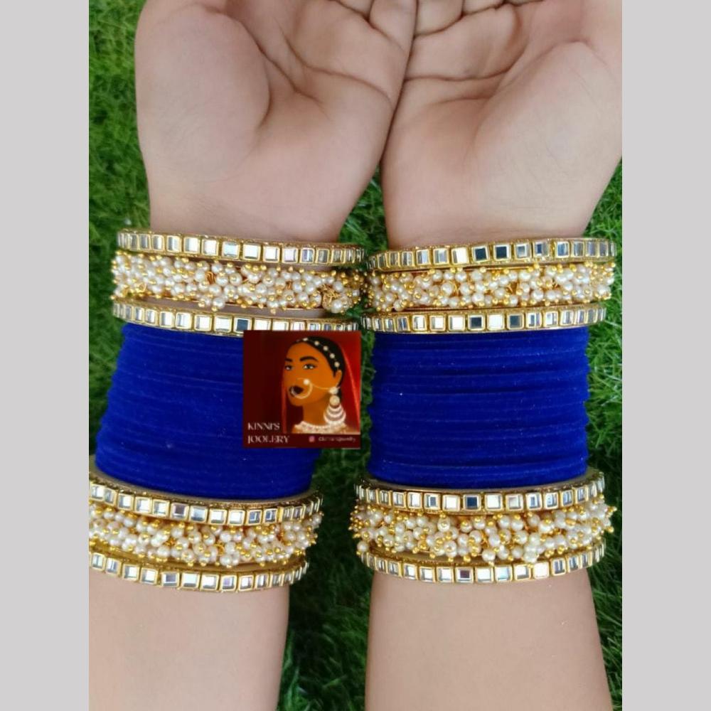 SNERA Gold Plated Mirror And Pearls Velvet Bangles Set