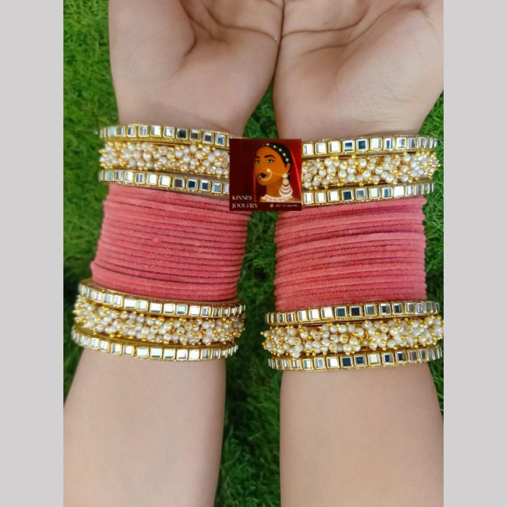 SNERA Gold Plated Mirror And Pearls Velvet Bangles Set