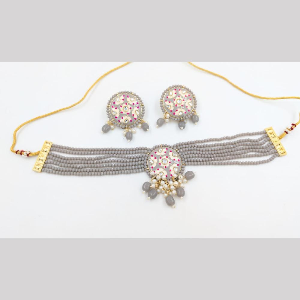 SNERA Gold Plated Kundan Stone And Beads Meenakari Choker Necklace Set
