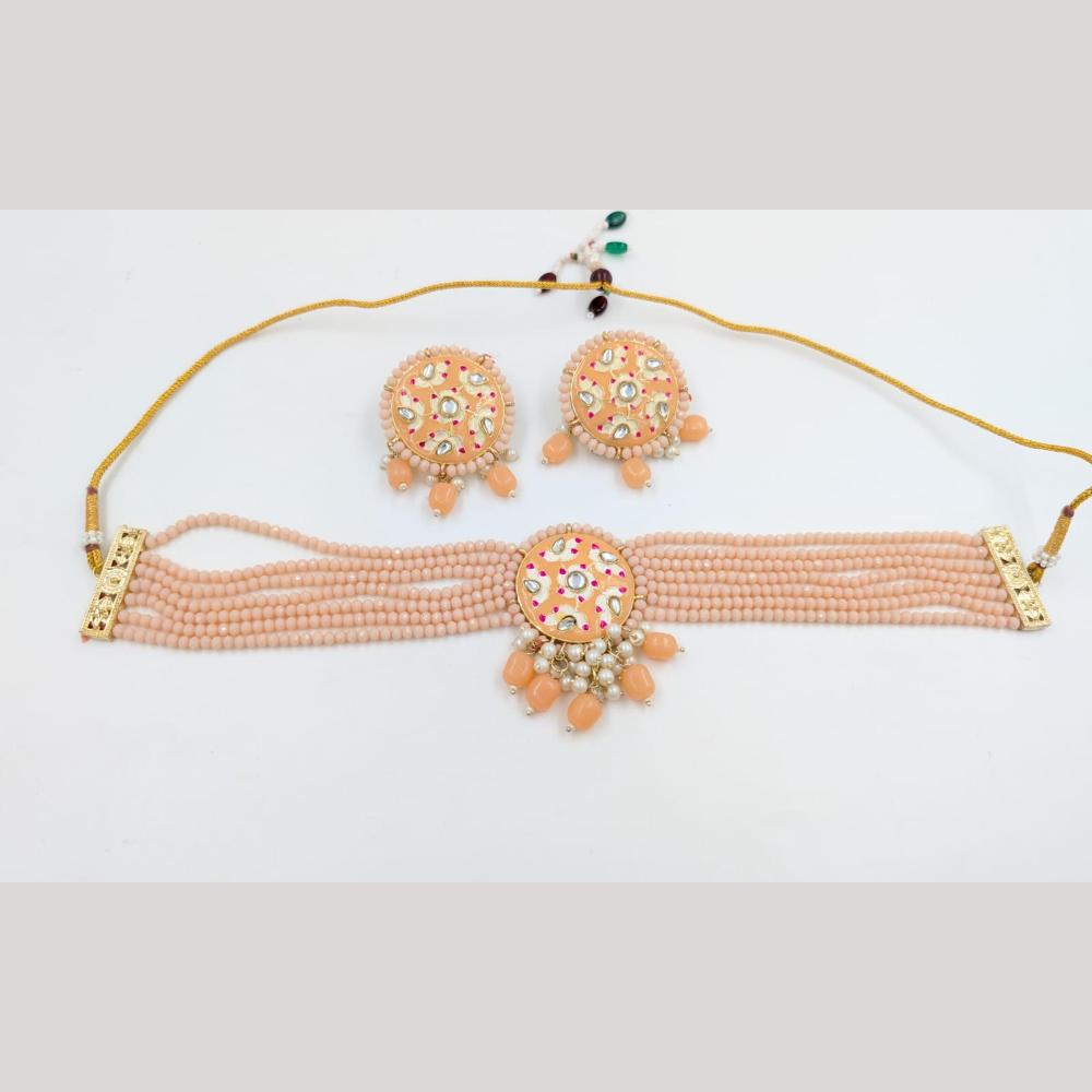 SNERA Gold Plated Kundan Stone And Beads Meenakari Choker Necklace Set