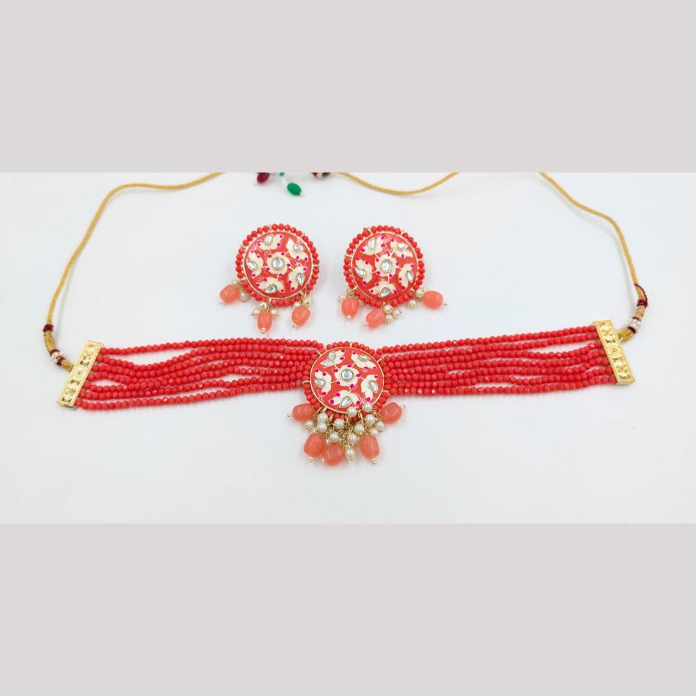 SNERA Gold Plated Kundan Stone And Beads Meenakari Choker Necklace Set