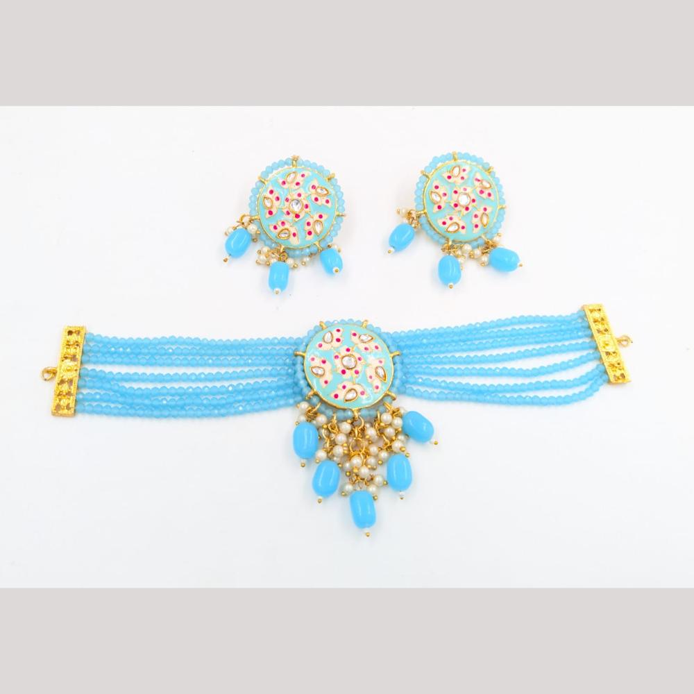 SNERA Gold Plated Kundan Stone And Beads Meenakari Choker Necklace Set