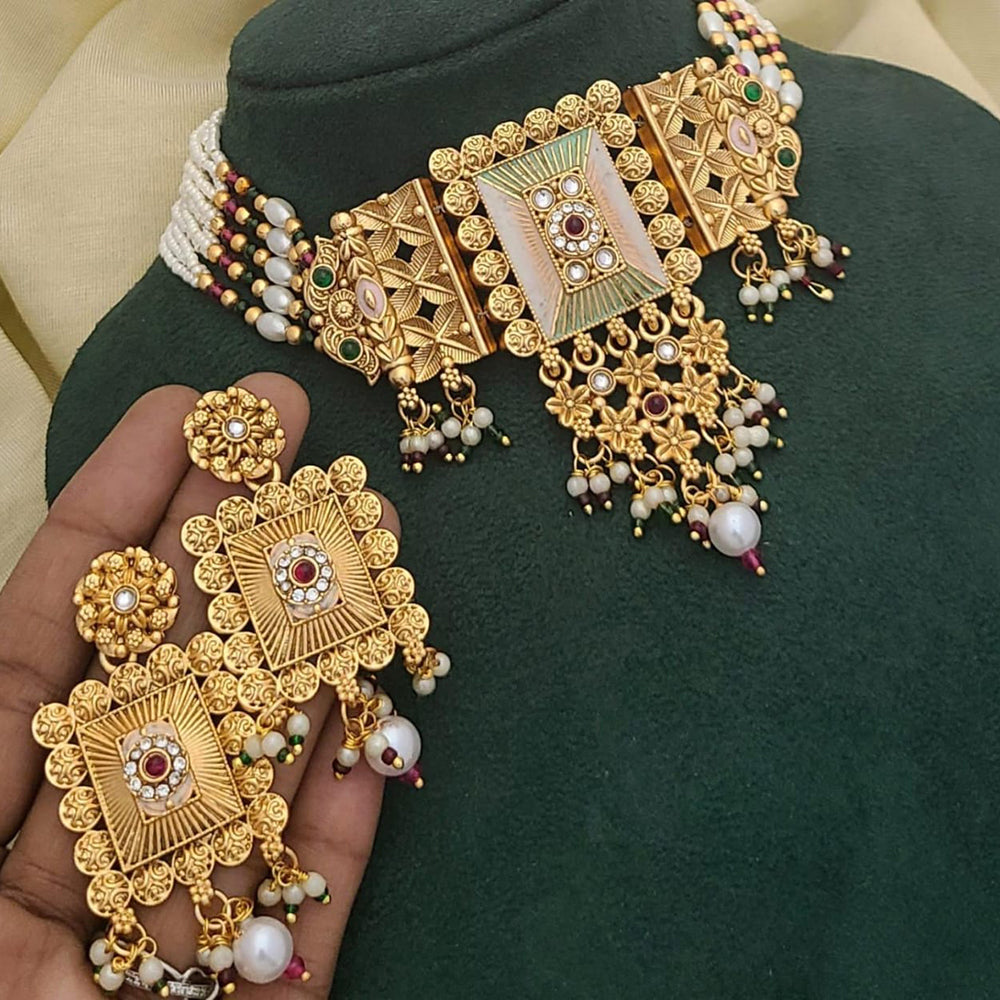 SNERA Gold Plated Kundan Stone And Pearls Choker Meenakari Necklace Set