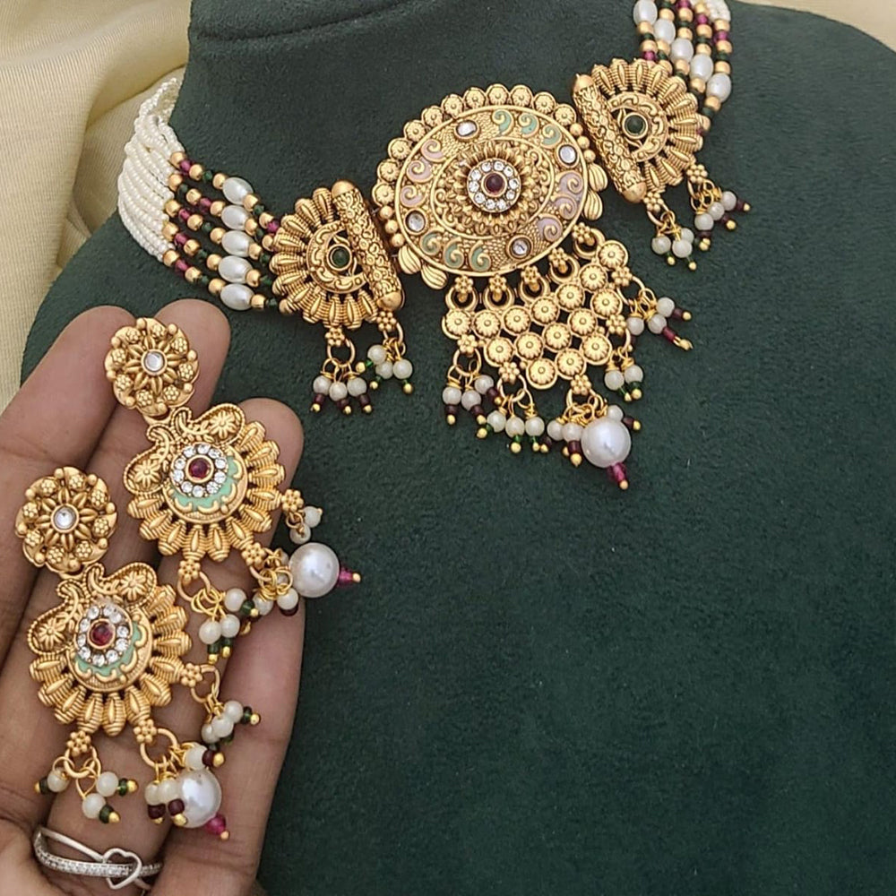 SNERA Gold Plated Kundan Stone And Pearls Choker Meenakari Necklace Set