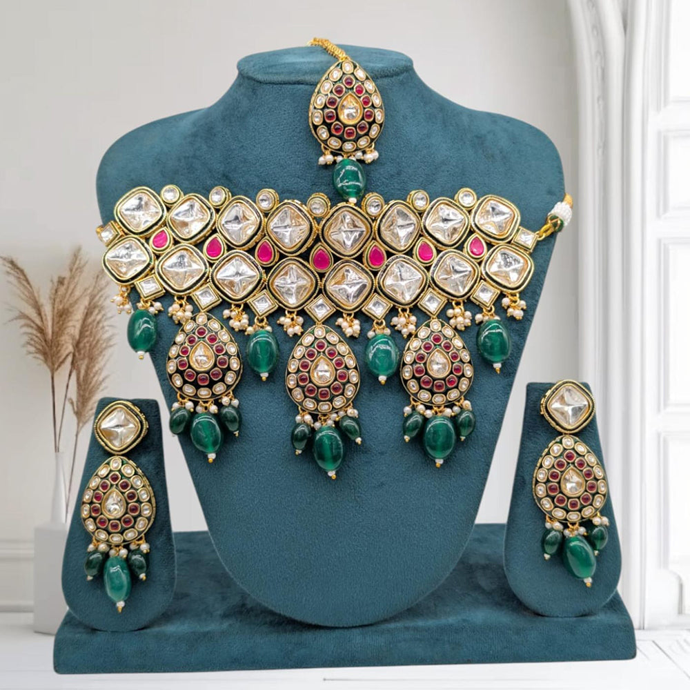 SNERA Gold Plated Polki Kundan And Beads Choker Necklace Set