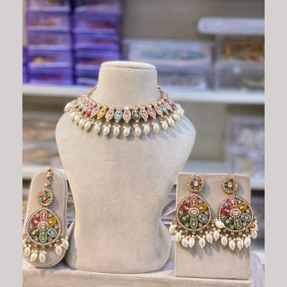 SNERA Gold Plated Crystal Stone And Pearls Choker Necklace Set
