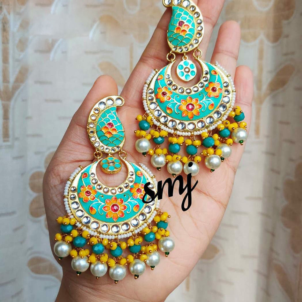 SNERA Gold Plated Kundan Stone And Beads Meenakari Dangler Earrings