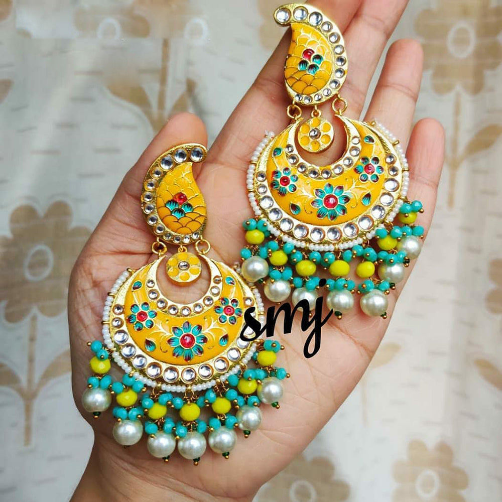 SNERA Gold Plated Kundan Stone And Beads Meenakari Dangler Earrings