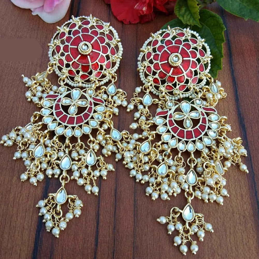 SNERA Gold Plated Kundan Stone And Pearls Meenakari Dangler Earrings