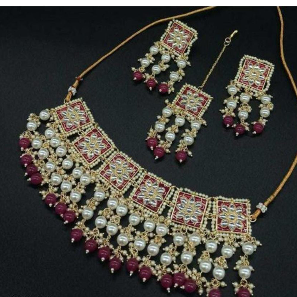 SNERA Gold Plated Kundan And Pearls Meenakari Choker Necklace Set