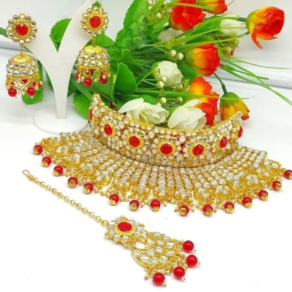 SNERA Gold Plated Kundan And Beads Choker Necklace Set