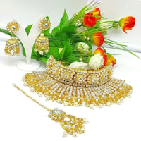 SNERA Gold Plated Kundan And Beads Choker Necklace Set