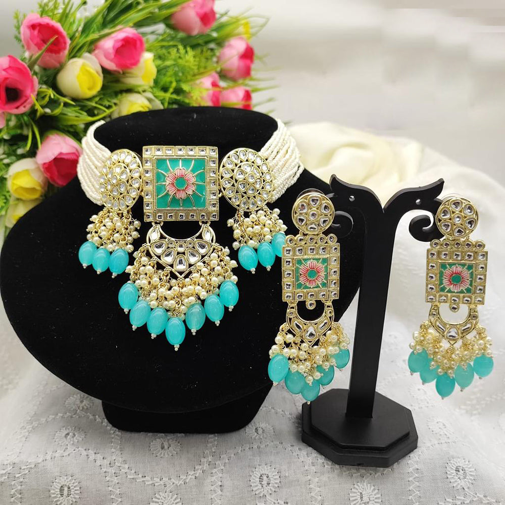 SNERA Gold Plated Kundan And Beads Meenakari Choker Necklace Set