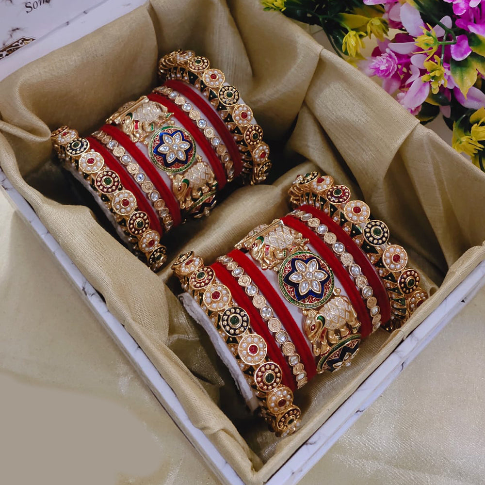 SNERA Gold Plated Pota Stone And Pearls Meenakari Bangle Set