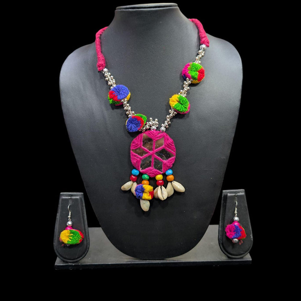 SNERA Colorful Pom Pom Mirror Shell Navratri Necklace Set