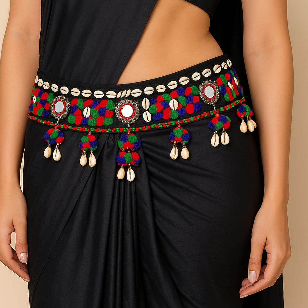 SNERA Trendy Navratri Style Pom Pom And Shell Mirror Kamarbandh