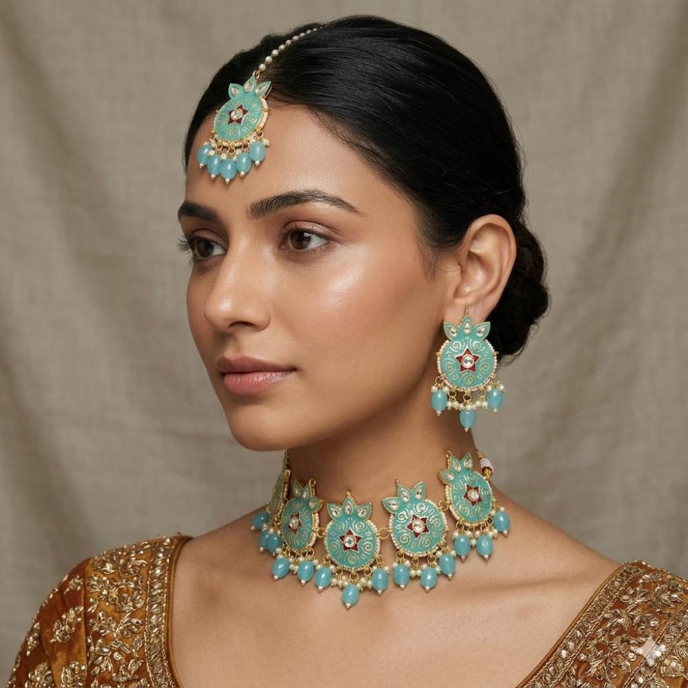 SNERA Classic Grace Crystal Stone  Pearl And Beads Choker Meenakari Necklace Set