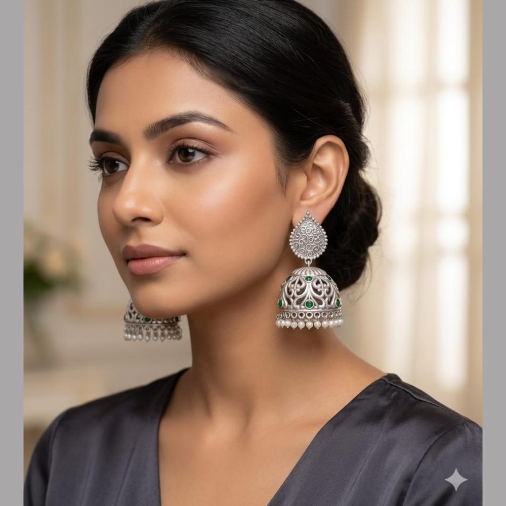 SNERA Oxidised Plated Pearl Jhumki Earrings for Women