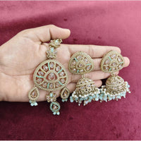SNERA Wedding Wear Crystal Stone And Pearl Jhumki Earrings With Maangtikka