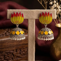 SNERA Vintage Oxidised Plated Meenakari Pearl Lotus Jhumki Earrings for Women