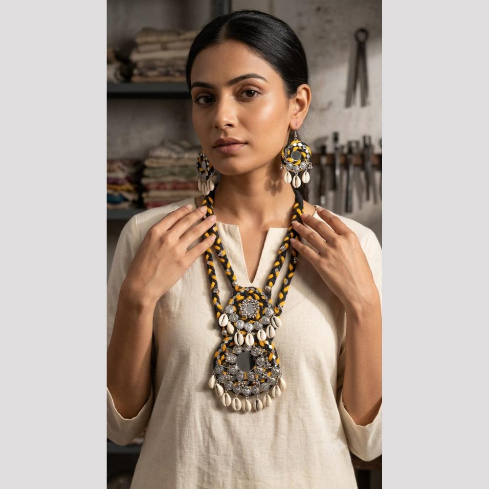 SNERA Mirror And Shell Embellished Ethnic Double Necklace Set
