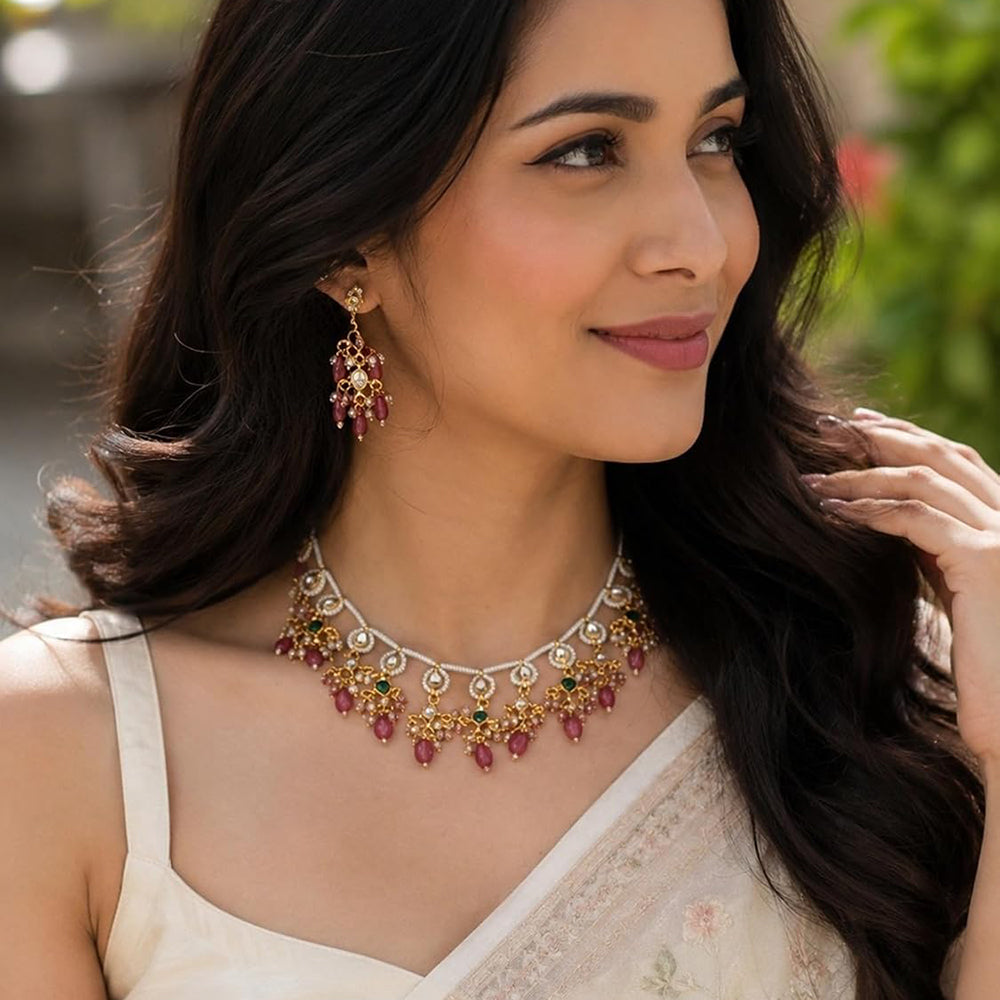 SNERA Ethnic Kundan Stone And Pearl Choker Necklace Set