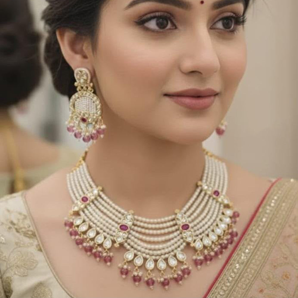 SNERA Ethnic Kundan Stone And Pearl Choker Necklace Set