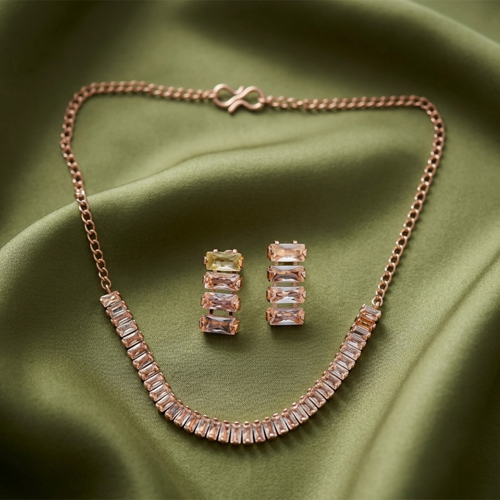 Urthn Rose Gold Plated Sparkling Crystal Stone Necklace Set