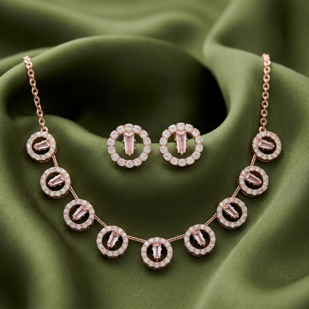 Urthn Rose Gold Plated Sparkling Crystal Stone Necklace Set