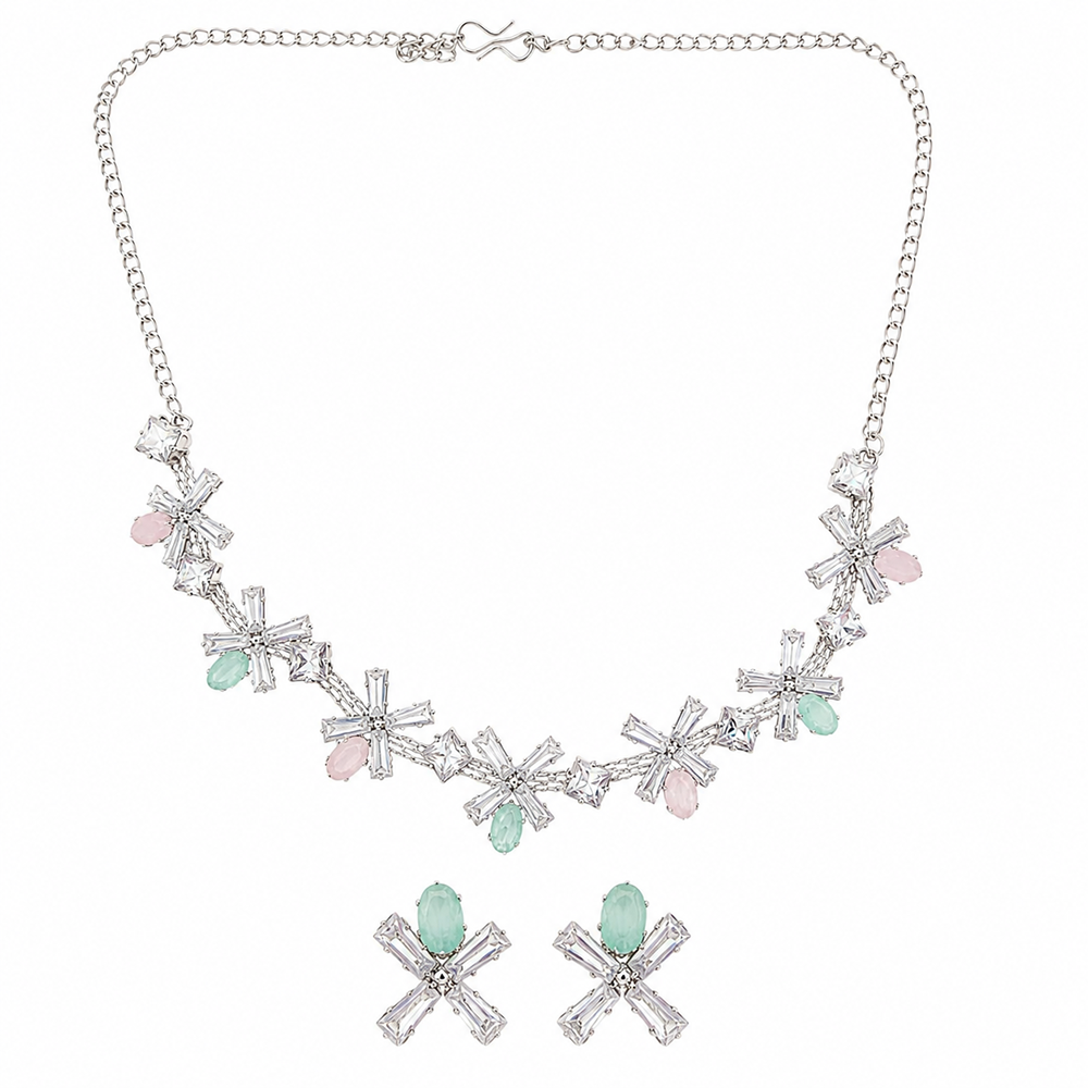 Urthn Silver Plated Sparkling Crystal Stone Necklace Set(Pack of 3)