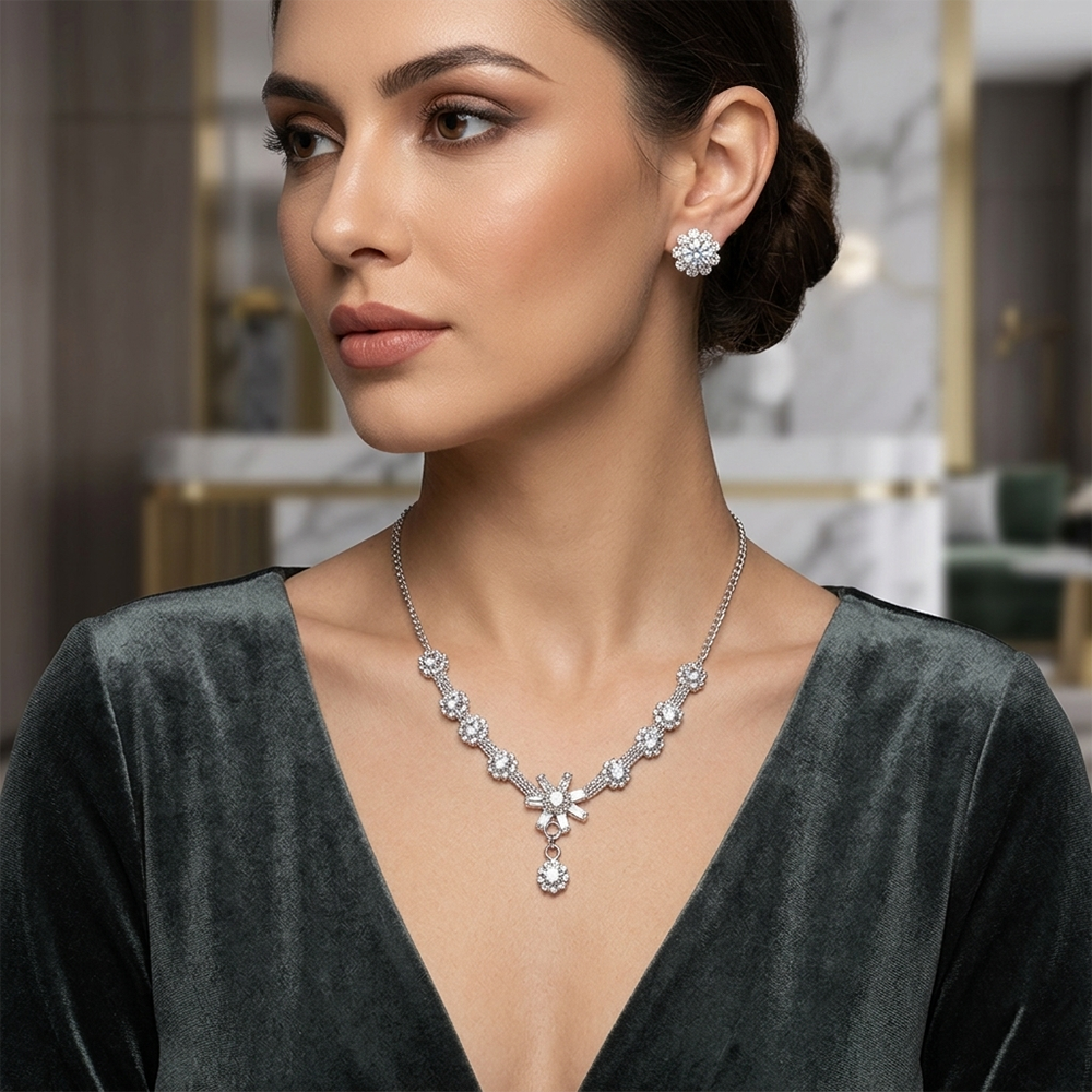 Urthn Silver Plated Sparkling Crystal Stone Necklace Set(Pack of 6)