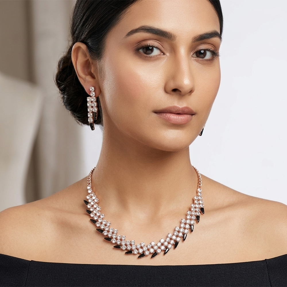 Urthn Rose Gold Plated Sparkling Crystal Stone Necklace Set(Pack of 3)