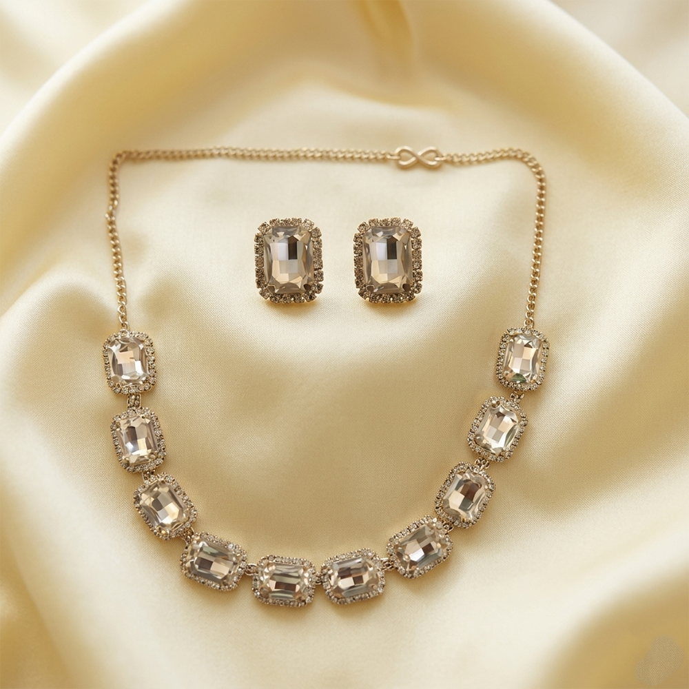 Urthn Silver Plated Sparkling Crystal Stone Necklace Set(Pack of 6)
