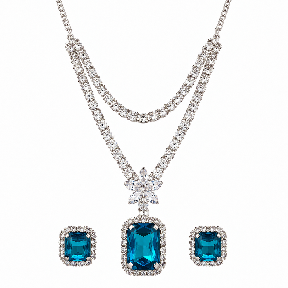 Urthn Glamorous Silver Plated Crystal Stone Necklace Set for Party & Festive Wear(Pack Of 3)