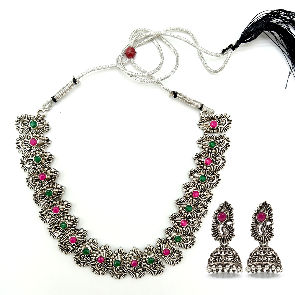 Urthn Oxidised Silver Choker Necklace Set with Pink & Green  Beads & Jhumka Earrings(Pack of 3)