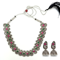 Urthn Oxidised Silver Choker Necklace Set with Pink & Green  Beads & Jhumka Earrings(Pack of 3)