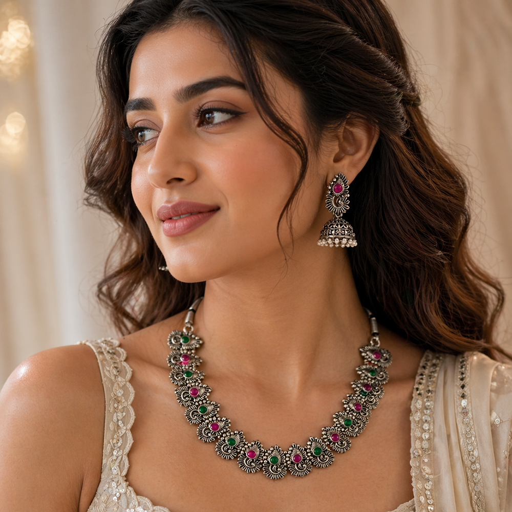 Urthn Oxidised Silver Choker Necklace Set with Pink & Green  Beads & Jhumka Earrings(Pack of 3)