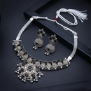 Urthn Oxidised Silver Choker Necklace Set with Black Beads & Jhumka Earrings(Pack of 3)