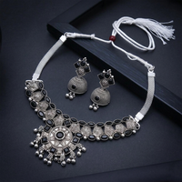 Urthn Oxidised Silver Choker Necklace Set with Black Beads & Jhumka Earrings(Pack of 3)