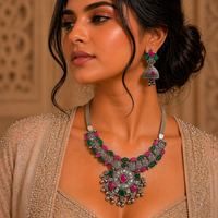 Urthn Oxidised Silver Choker Necklace Set with Pink & Green Beads & Jhumka Earrings(Pack of 3)