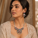 Urthn Oxidised Silver Choker Necklace Set with Pink & Green Beads & Jhumka Earrings(Pack of 3)