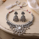 Urthn Oxidised Silver Choker Necklace Set with Mirror Work Beads & Jhumka Earrings(Pack of 3)