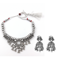 Urthn Oxidised Silver Choker Necklace Set with Mirror Work Beads & Jhumka Earrings(Pack of 3)