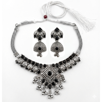 Urthn Oxidised Silver Choker Necklace Set with Black Beads & Jhumka Earrings(Pack of 3)