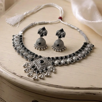 Urthn Oxidised Silver Choker Necklace Set with Black Beads & Jhumka Earrings(Pack of 3)