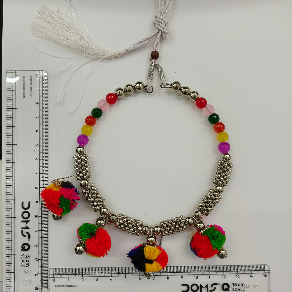 Urthn Traditional Oxidised Silver Tone Pom Pom Necklace Set for women(Pack Of 3)