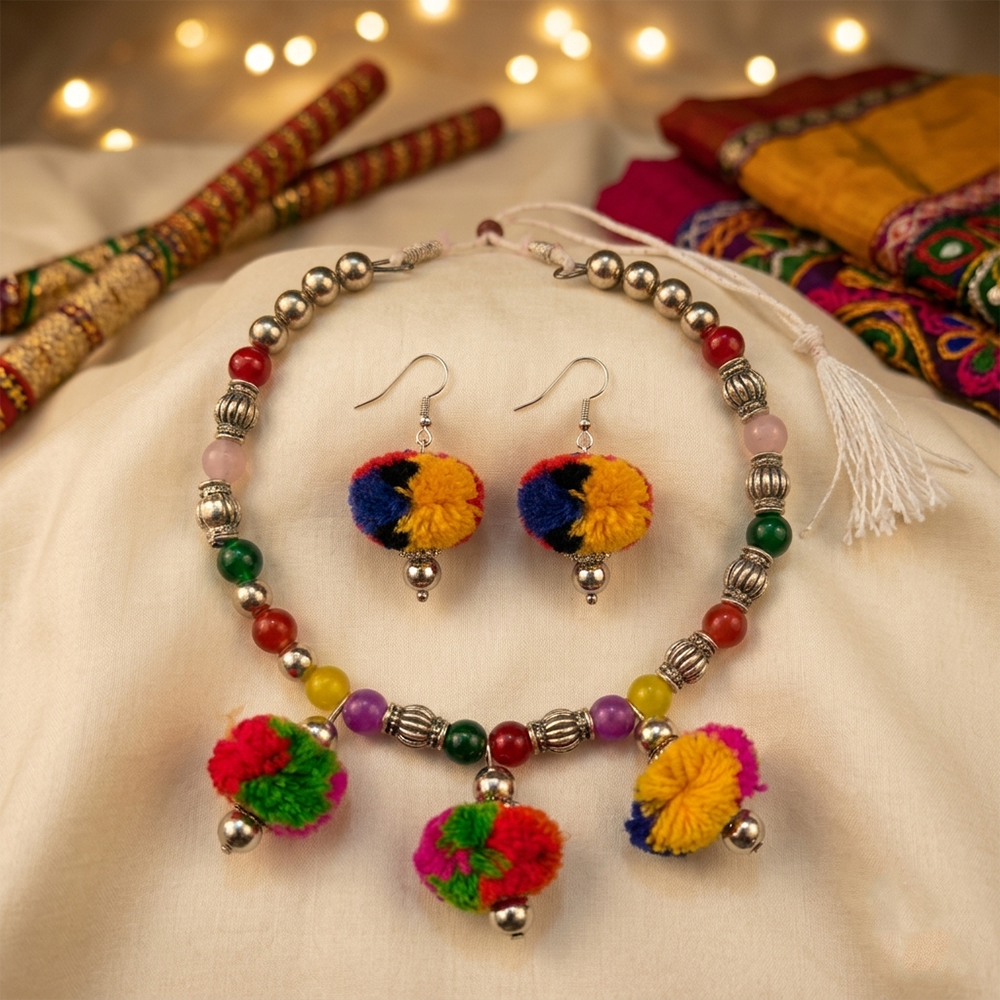 Urthn Traditional Oxidised Silver Tone Pom Pom Necklace Set for women