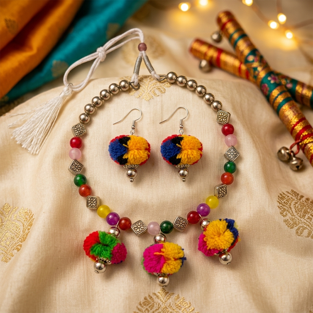 Urthn Traditional Oxidised Silver Tone Pom Pom Necklace Set for women